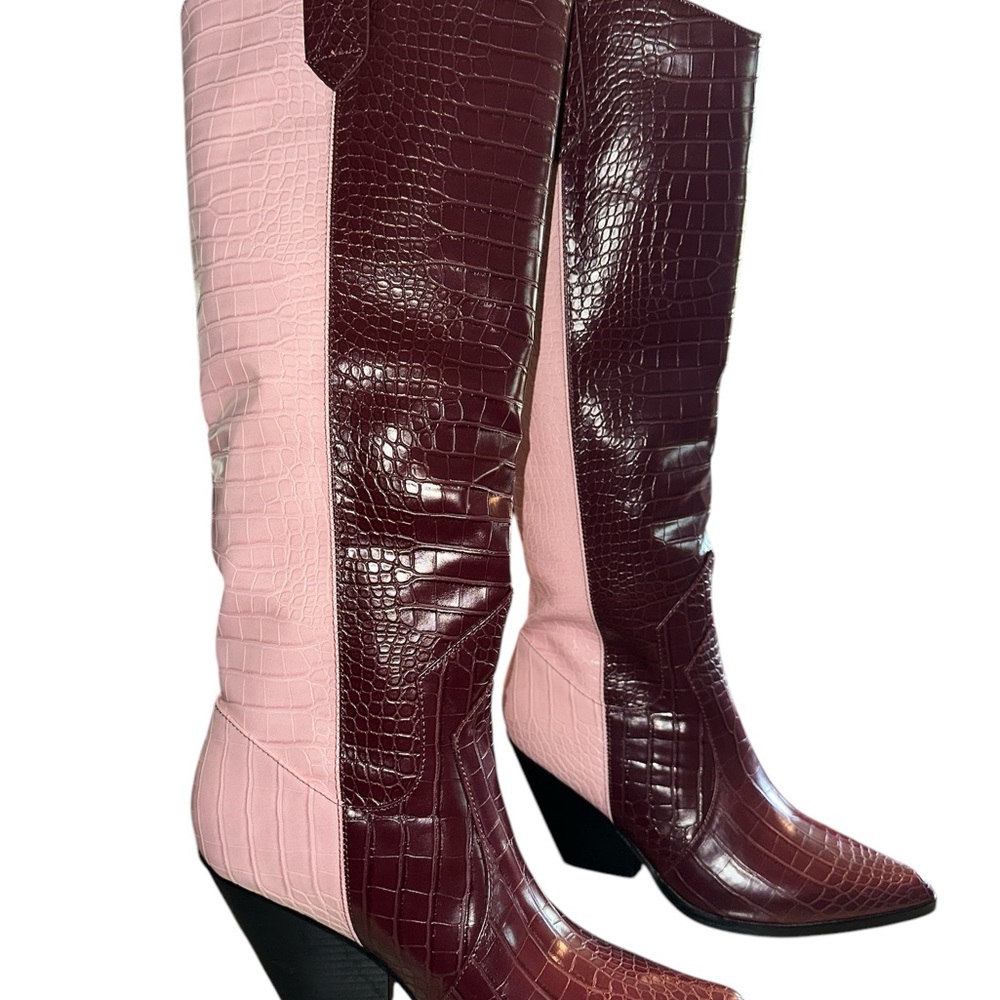 Pink Over the Knee Boots with Textured Design and Pointed Toe